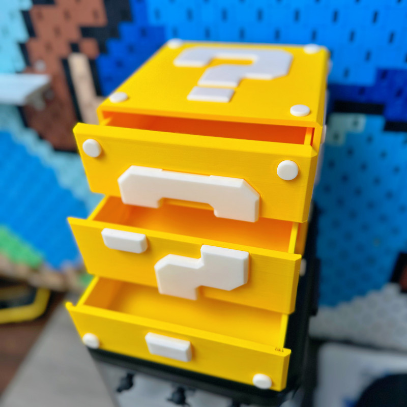 Süper Mario Soru İşareti Blok 3 Katlı Çekmeceli Saklama Kutusu - 3D Baskı