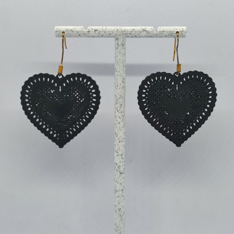 Siyah Dantel Kalp Küpe - 3D Baskı Vintage Aksesuar