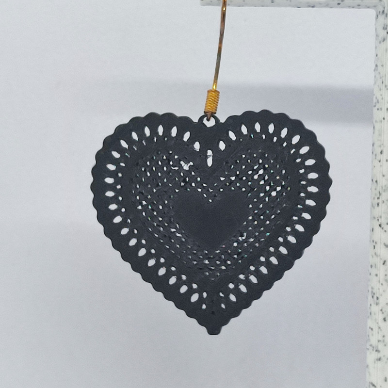 Siyah Dantel Kalp Küpe - 3D Baskı Vintage Aksesuar