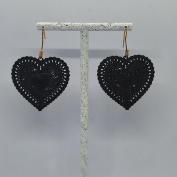 Siyah Dantel Kalp Küpe - 3D Baskı Vintage Aksesuar