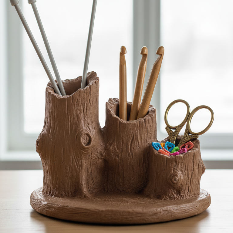 Rustik Ağaç Kütüğü Masa Organizatörü - Doğal Dekoratif 3D Baskı