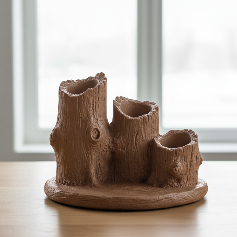 Rustik Ağaç Kütüğü Masa Organizatörü - Doğal Dekoratif 3D Baskı